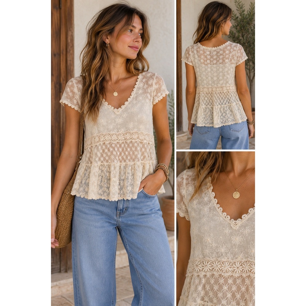 Ivory Lace Babydoll Top Sheer Floral Crochet Coquette Cottagecore Romantic